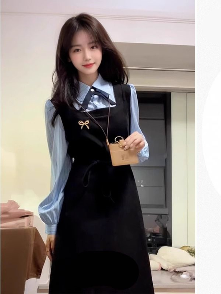 Korean Style A Line Shirt Dress - Elegante vestido camisero de estilo universitario