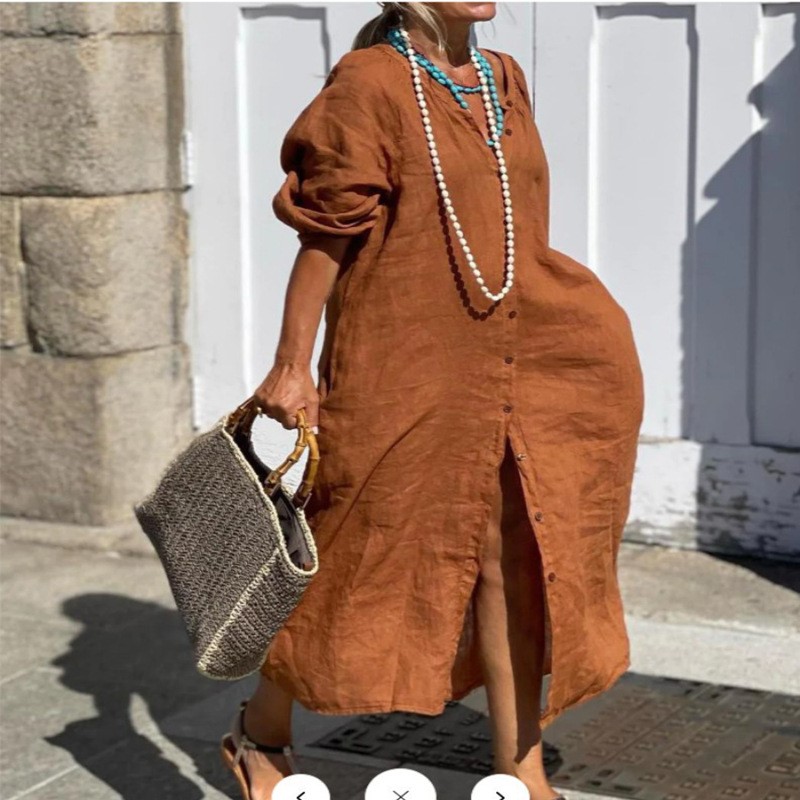 Casual Loose Linen Shirt Dress - Vestido elegante de lino y algodón