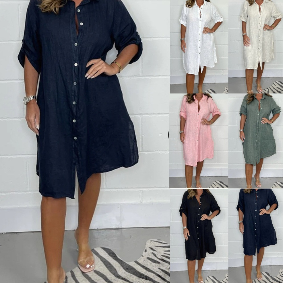 Casual Loose Linen Shirt Dress - Vestido camisero holgado de lino para