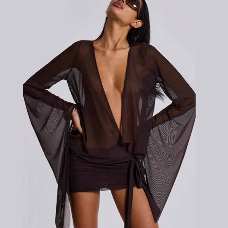 Sexy Mesh Sheer Bodycon Dress - Vestido corto ajustado de mujer con