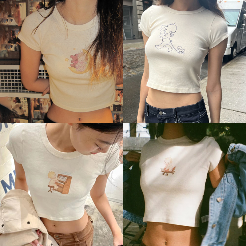 Y2K Graphic Baby Tee Crop - Camisetas ajustadas con estampado de Ángel