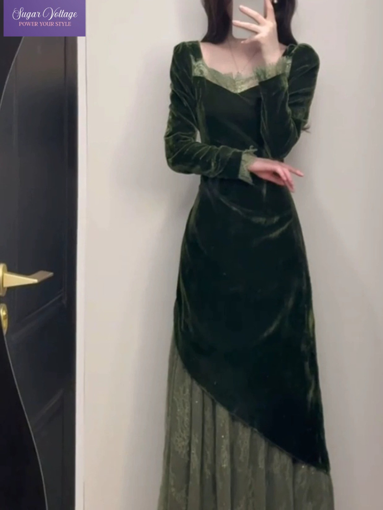 French Vintage Floral Midi Dress - Vestido de terciopelo elegante Vintage francés