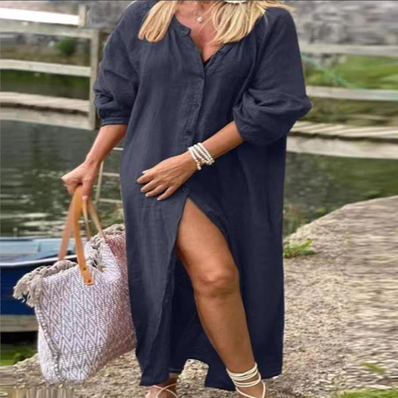 Vestido elegante de lino y alg - Casual Loose Linen Shirt Dress reseña y precio