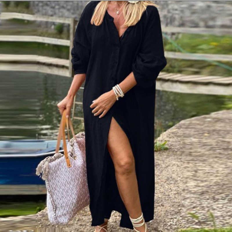 Vestido elegante de lino y alg - Casual Loose Linen Shirt Dress reseña y precio