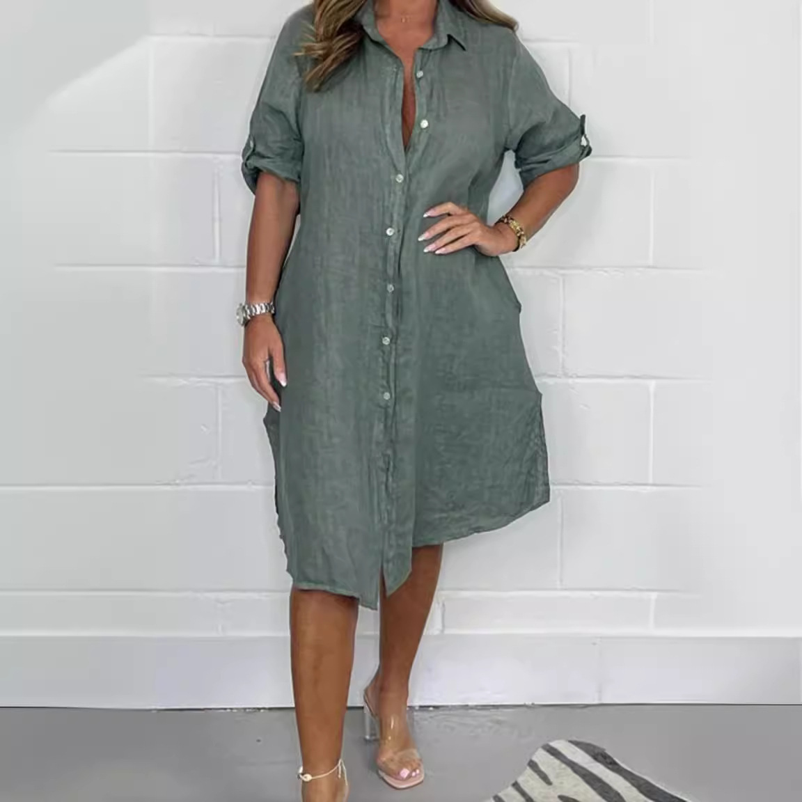 Vestido camisero holgado de li - Casual Loose Linen Shirt Dress reseña y precio