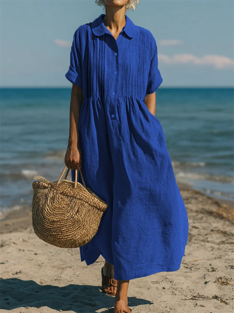 Vestido midi o maxi de manga c - Casual Loose Linen Shirt Dress reseña y precio