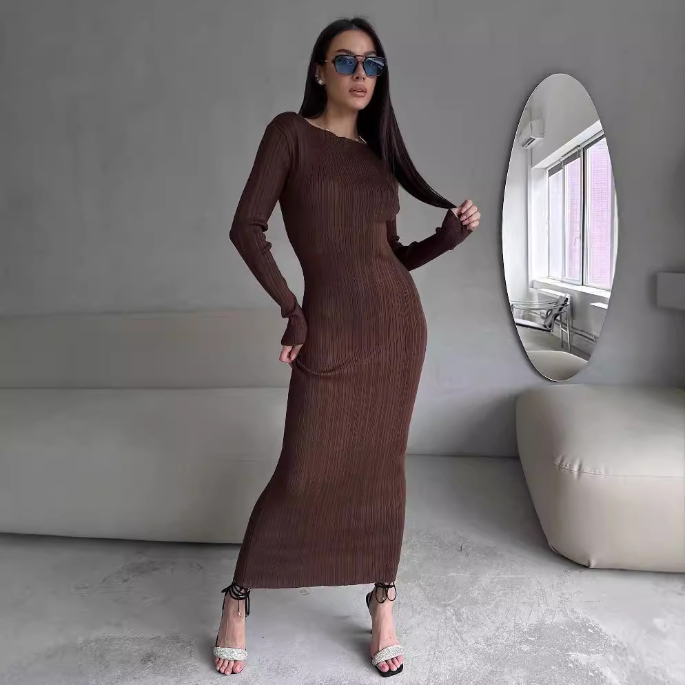 Vestido Maxi Elegante de Punto - Bodycon Long Sleeve Ribbed Dress reseña y precio