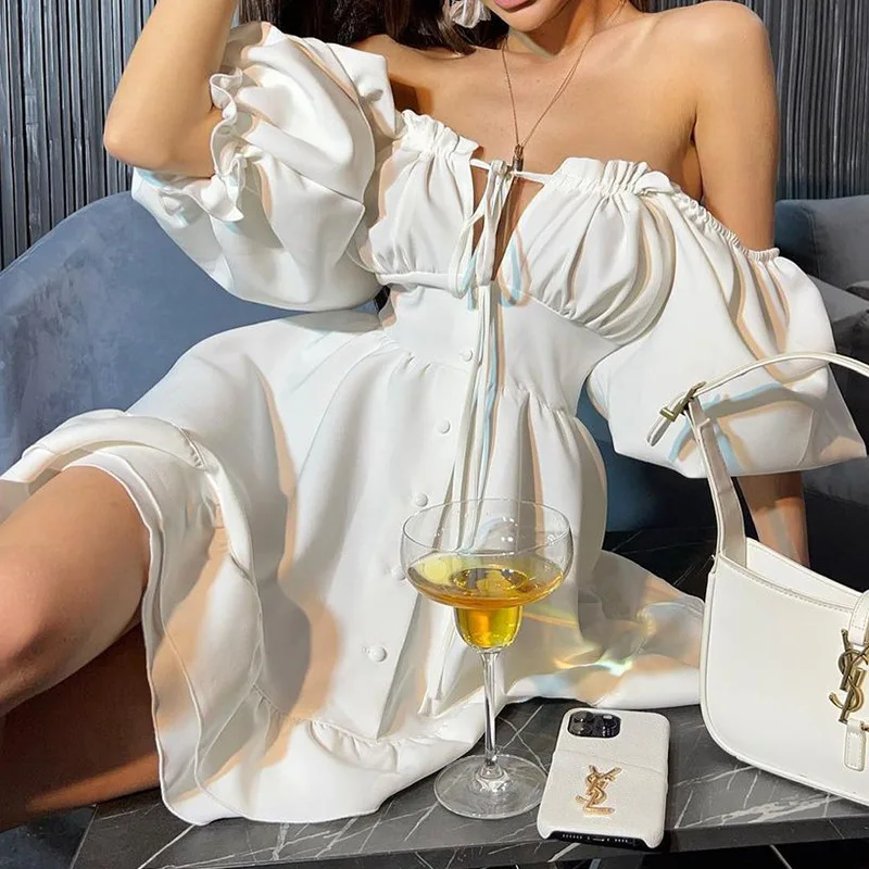 Vestidos mini de verano para m - Off Shoulder Puff Sleeve Sundress reseña y precio