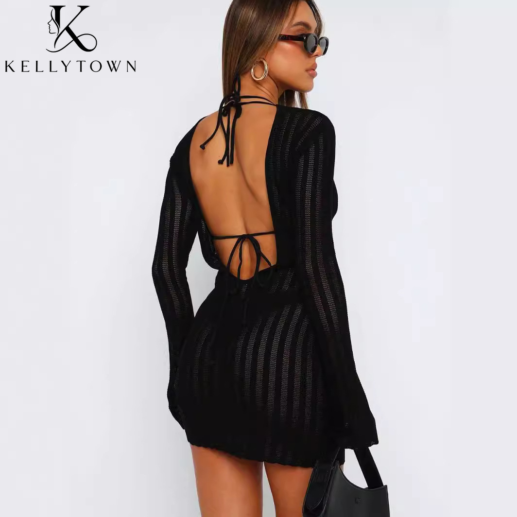Vestido sin espalda sexy de pu - Bodycon Long Sleeve Ribbed Dress reseña y precio