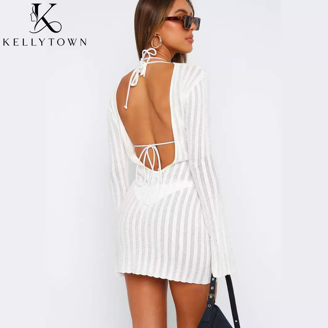 Vestido sin espalda sexy de pu - Bodycon Long Sleeve Ribbed Dress reseña y precio