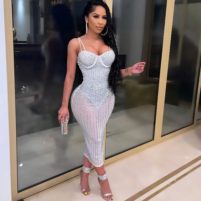 Vestido Sexy transparente con  - Sparkly Rhinestone Club Party Dress reseña y precio