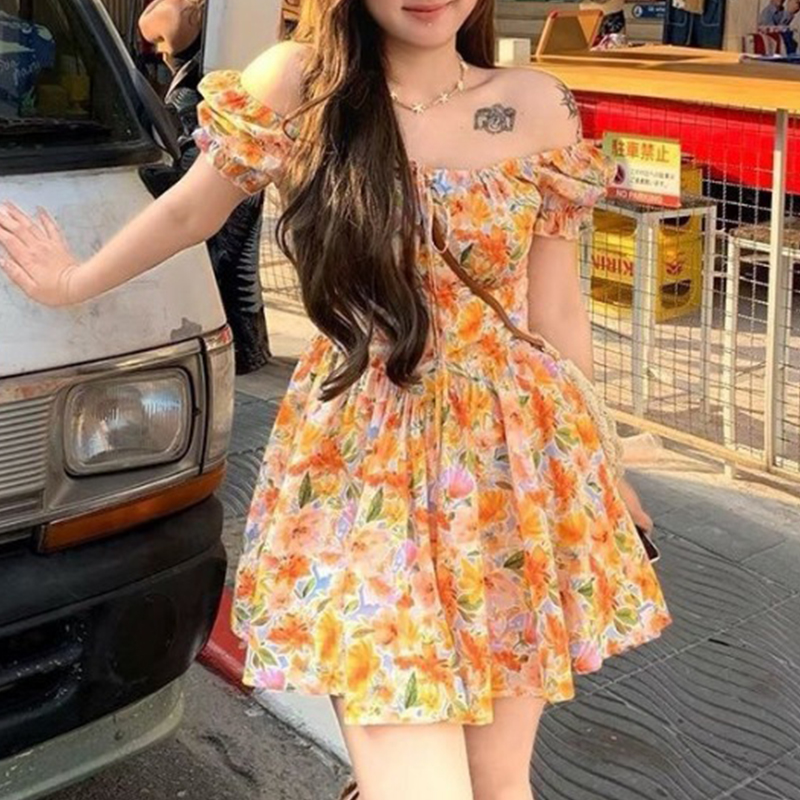 Vestido corto naranja con esta - Off Shoulder Puff Sleeve Sundress reseña y precio